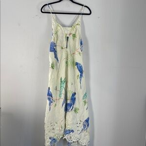 Guadalupe Ria linen bird parrot print eyelet hem midi maxi dress sz S